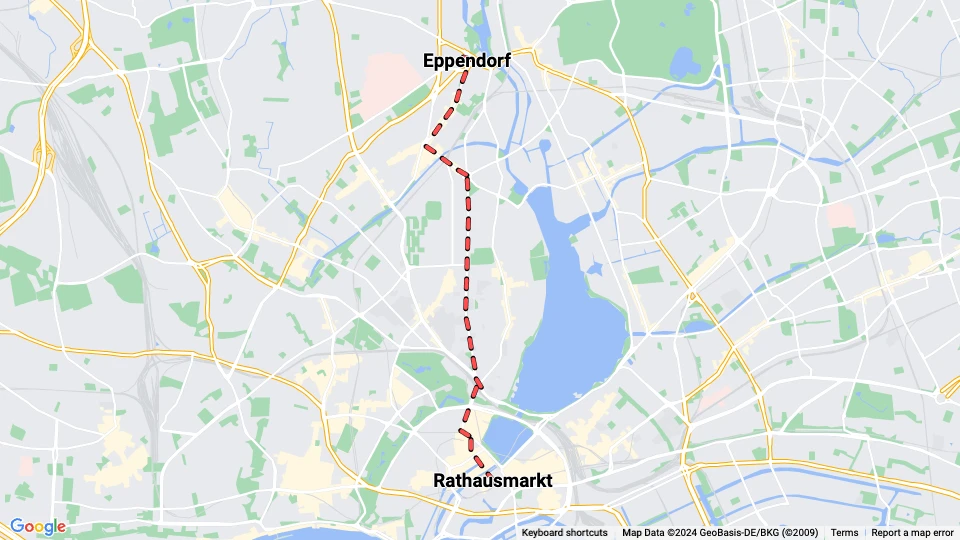 Hamburg Straßenbahnlinie 18: Rathausmarkt - Eppendorf Linienkarte