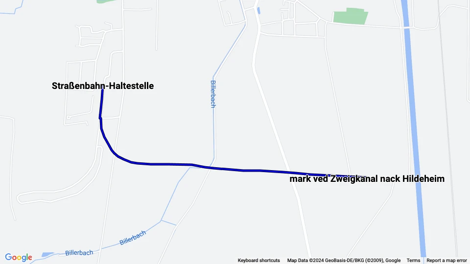 Hannover Aaßenstrecke: Straßenbahn-Haltestelle - mark ved Zweigkanal nack Hildeheim Linienkarte