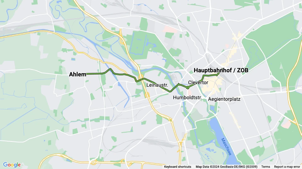 Hannover Straßenbahnlinie 10: Ahlem - Hauptbahnhof / ZOB Linienkarte