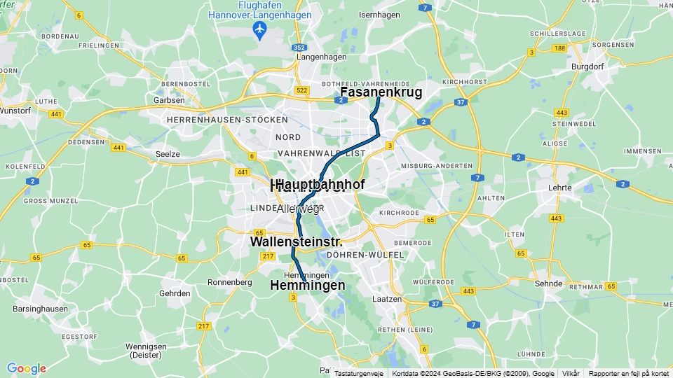 Hannover Straßenbahnlinie 13: Fasanenkrug - Hemmingen Linienkarte