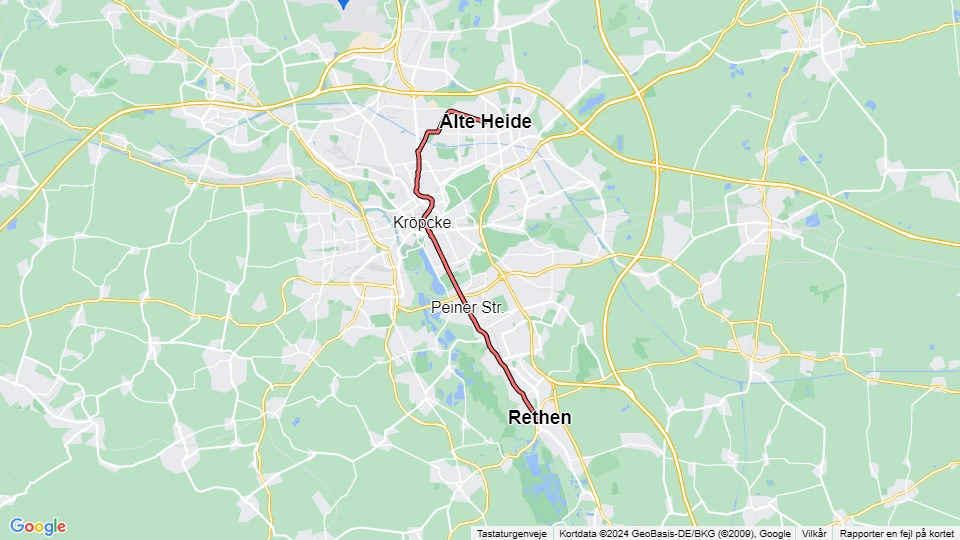 Hannover Straßenbahnlinie 2: Alte Heide - Rethen Steinfeld Linienkarte