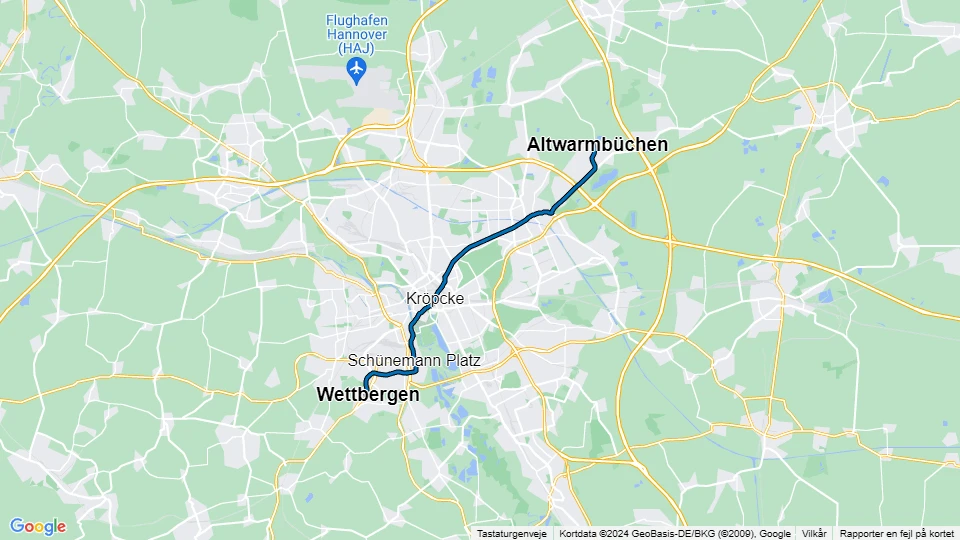 Hannover Straßenbahnlinie 3: Altwarmbüchen - Wettbergen Linienkarte