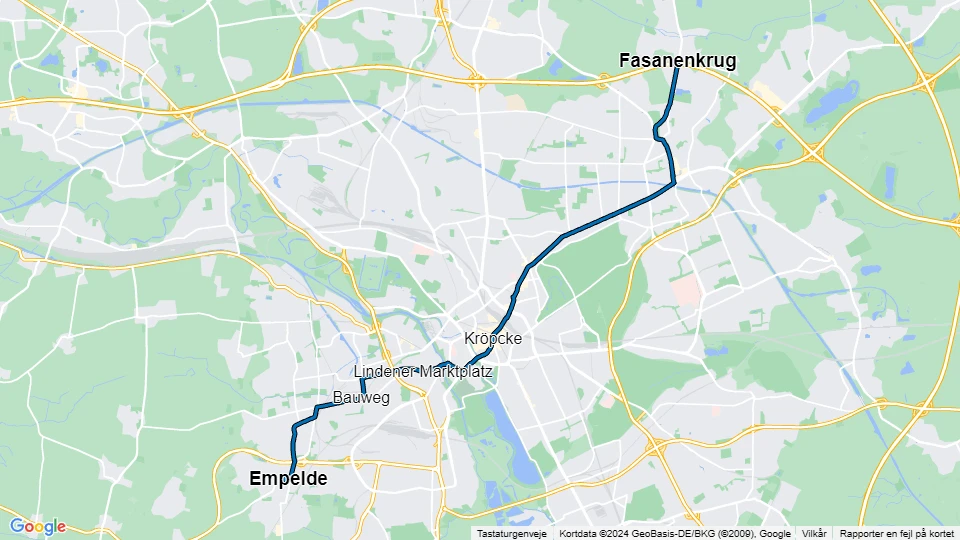 Hannover Straßenbahnlinie 9: Fasanenkrug - Empelde Linienkarte