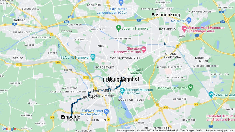 Hannover Straßenbahnlinie 9: Fasanenkrug - Hauptbahnhof Linienkarte