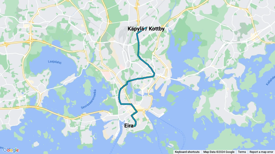 Helsinki Straßenbahnlinie 1: Eira - Käpylä / Kottby Linienkarte