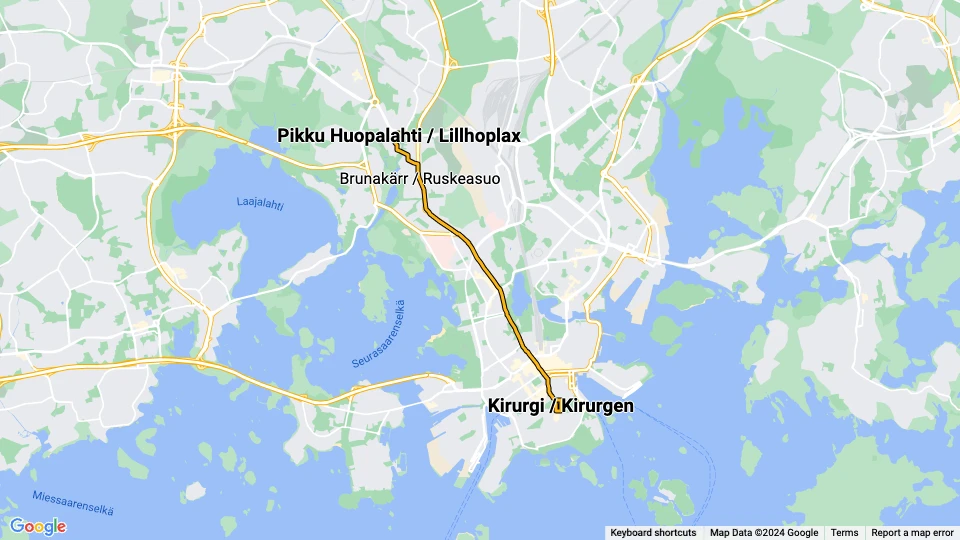 Helsinki Straßenbahnlinie 10: Kirurgi / Kirurgen - Pikku Huopalahti / Lillhoplax Linienkarte