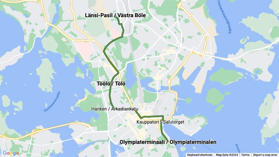Helsinki Straßenbahnlinie 2: Olympiaterminaali / Olympiaterminalen - Länsi-Pasil / Västra Böle Linienkarte