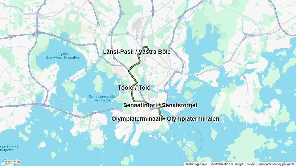 Helsinki Straßenbahnlinie 2: Olympiaterminaali / Olympiaterminalen - Messukeskus / Mässcentrum Linienkarte