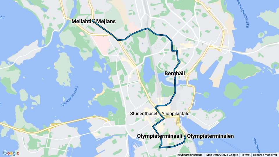 Helsinki Straßenbahnlinie 3: Olympiaterminaali / Olympiaterminalen - Meilahti / Mejlans Linienkarte