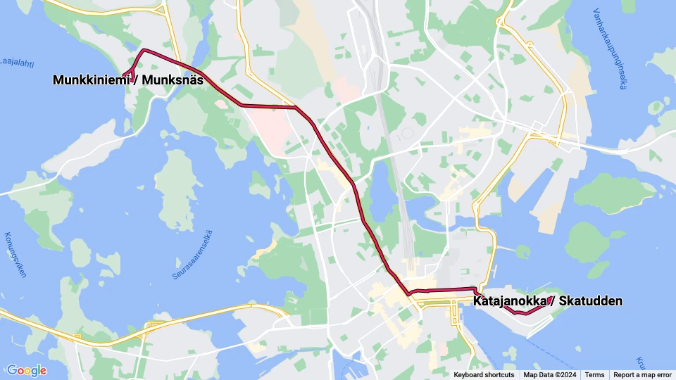 Helsinki Straßenbahnlinie 4: Katajanokka / Skatudden - Munkkiniemi / Munksnäs Linienkarte