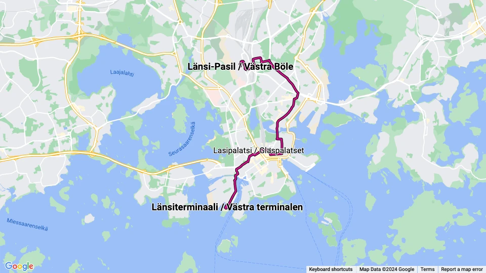 Helsinki Straßenbahnlinie 7: Länsi-Pasil / Västra Böle - Länsiterminaali / Västra terminalen Linienkarte