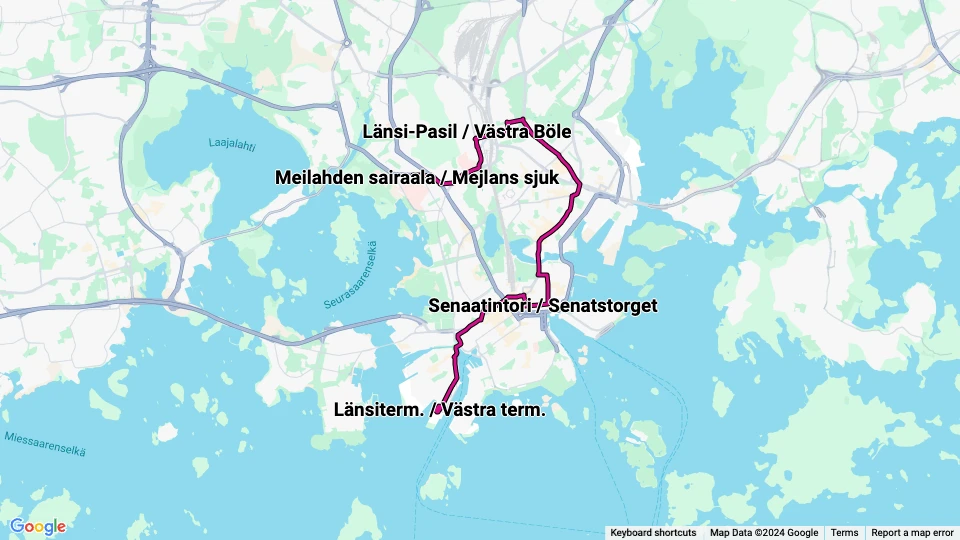 Helsinki Straßenbahnlinie 7: Meilahden sairaala / Mejlans sjuk - Länsiterm. / Västra term. Linienkarte