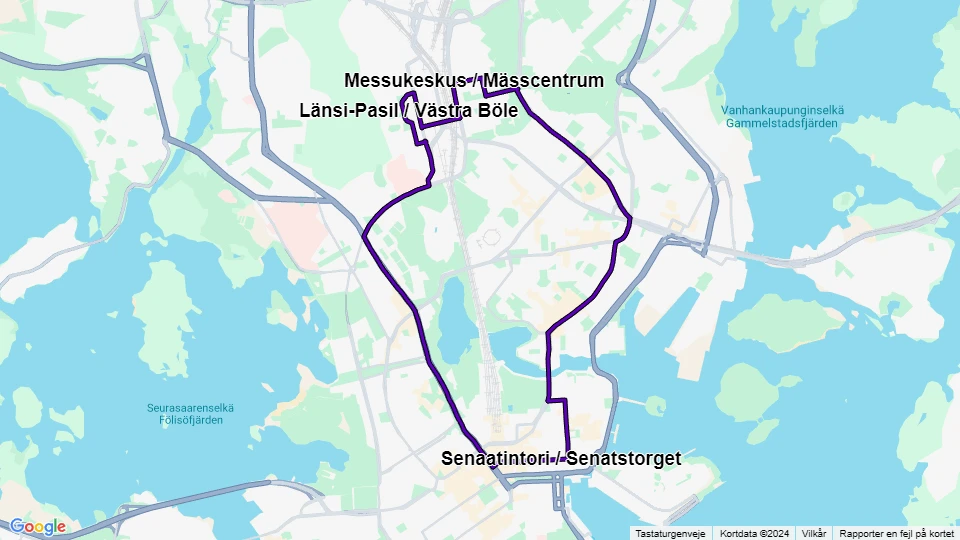 Helsinki Straßenbahnlinie 7B: Länsi-Pasil / Västra Böle - Senaatintori / Senatstorget Linienkarte