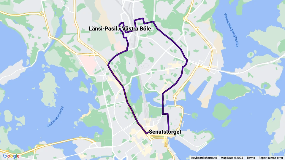 Helsinki Straßenbahnlinie 7B: Länsi-Pasil / Västra Böle - Senatstorget Linienkarte
