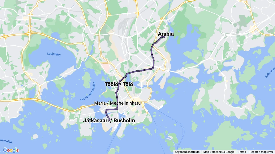 Helsinki Straßenbahnlinie 8: Arabia - Jätkäsaari / Busholm Linienkarte