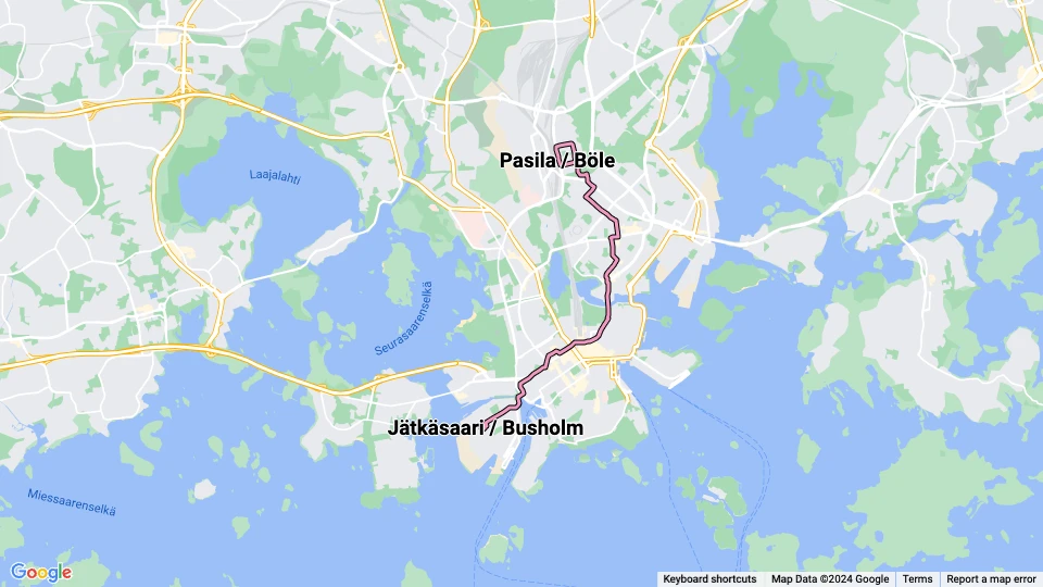 Helsinki Straßenbahnlinie 9: Jätkäsaari / Busholm - Pasila / Böle Linienkarte