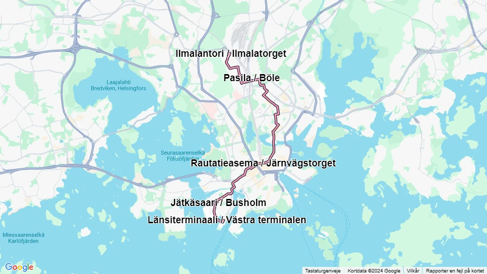 Helsinki Straßenbahnlinie 9: Länsiterminaali / Västra terminalen - Ilmalantori / Ilmalatorget Linienkarte