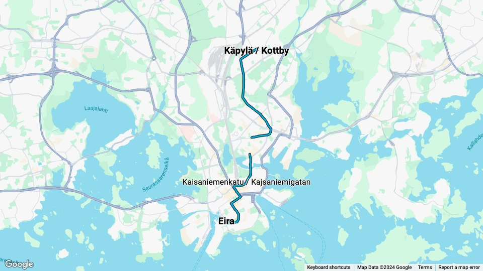 Helsinki Zusätzliche Linie 1: Eira - Käpylä / Kottby Linienkarte