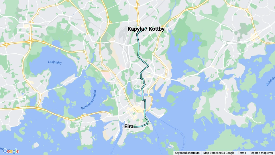 Helsinki Zusätzliche Linie 1A: Eira - Käpylä / Kottby Linienkarte