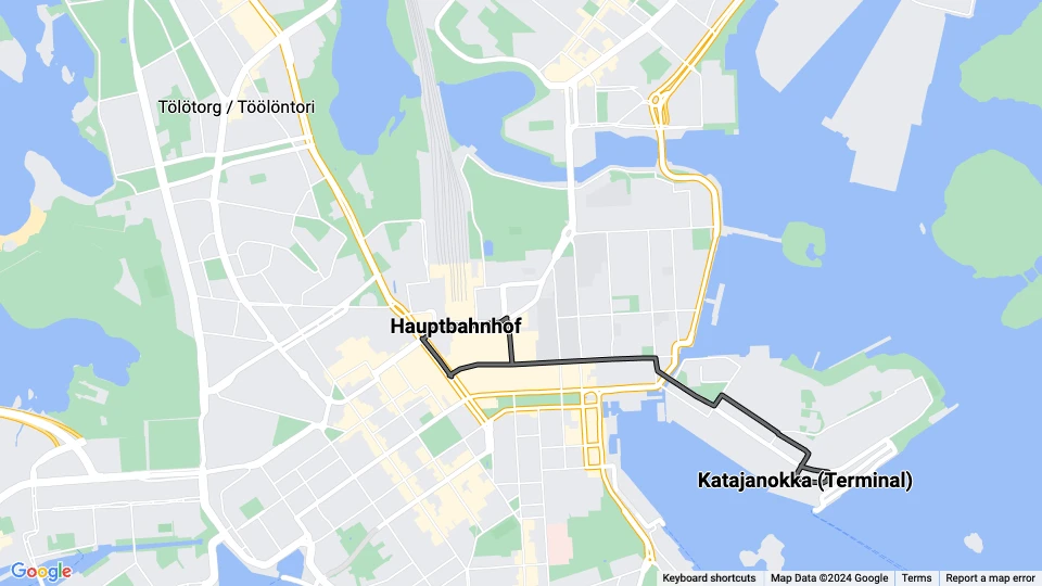 Helsinki Zusätzliche Linie 5: Katajanokka (Terminal) - Hauptbahnhof Linienkarte