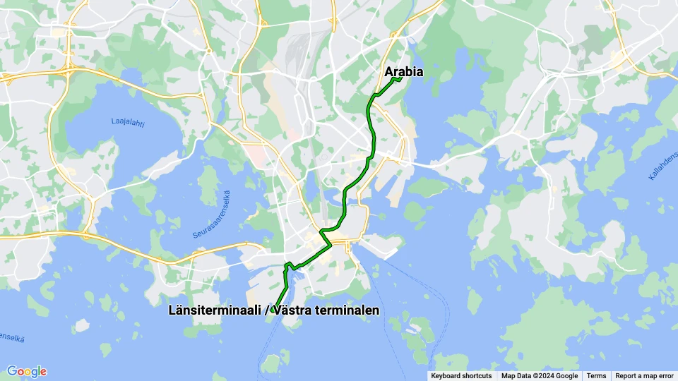 Helsinki Zusätzliche Linie 6T: Arabia - Länsiterminaali / Västra terminalen Linienkarte