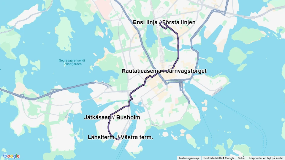 Helsinki Zusätzliche Linie 9B: Länsiterm. / Västra term. - Ensi linja / Första linjen Linienkarte