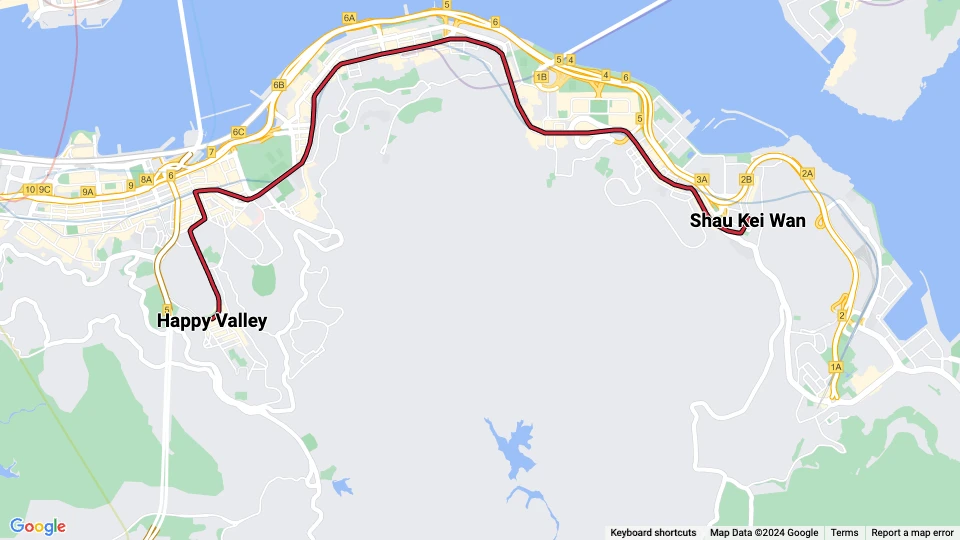 Hongkong Straßenbahnlinie 2: Shau Kei Wan - Happy Valley Linienkarte