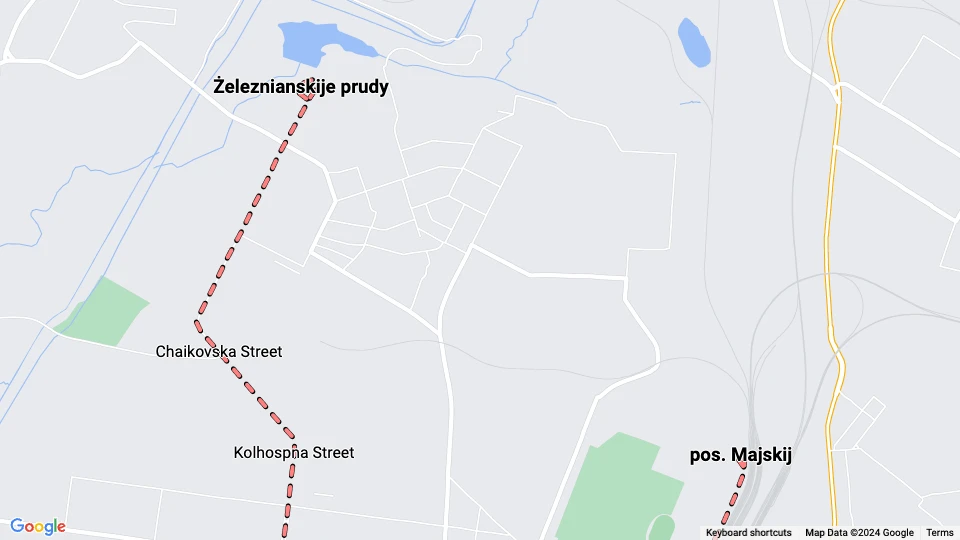 Horliwka Straßenbahnlinie 1: Żeleznianskije prudy - pos. Majskij Linienkarte