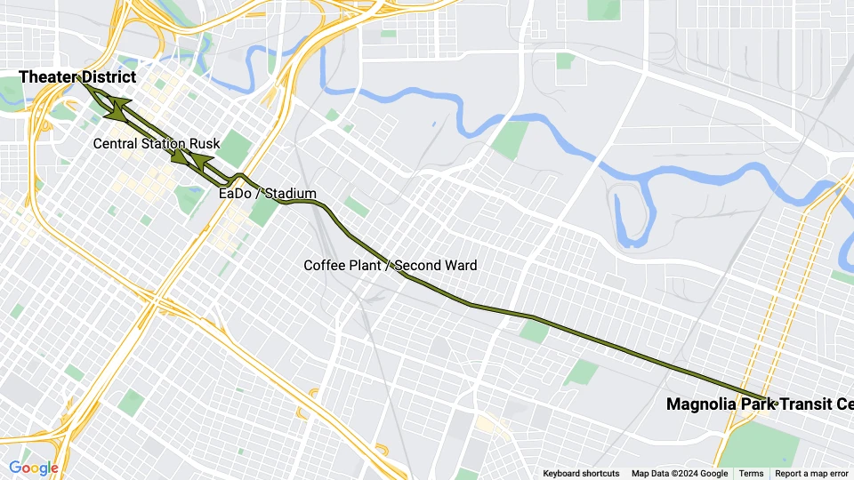Houston Straßenbahnlinie Grün: Theater District - Magnolia Park Transit Center Linienkarte