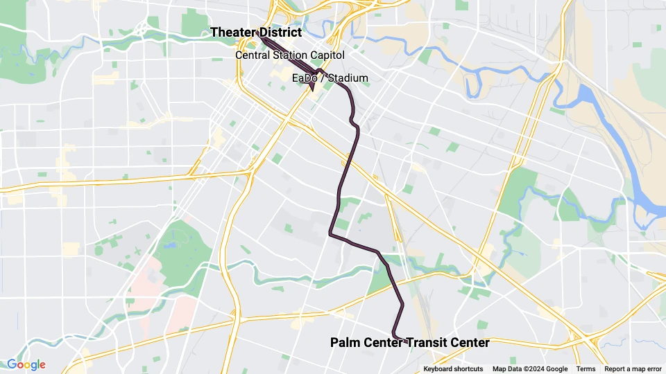 Houston Straßenbahnlinie Lila: Theater District - Palm Center Transit Center Linienkarte