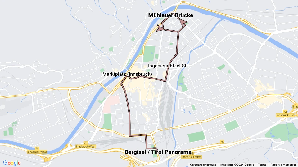 Innsbruck Straßenbahnlinie 1: Mühlauer Brücke - Bergisel / Tirol Panorama Linienkarte