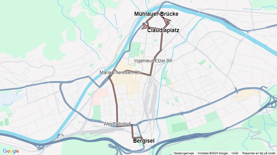 Innsbruck Straßenbahnlinie 1: Mühlauer Brücke - Bergisel Linienkarte