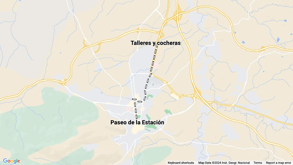 Jaén Straßenbahnlinie 1: Paseo de la Estación - Talleres y cocheras Linienkarte