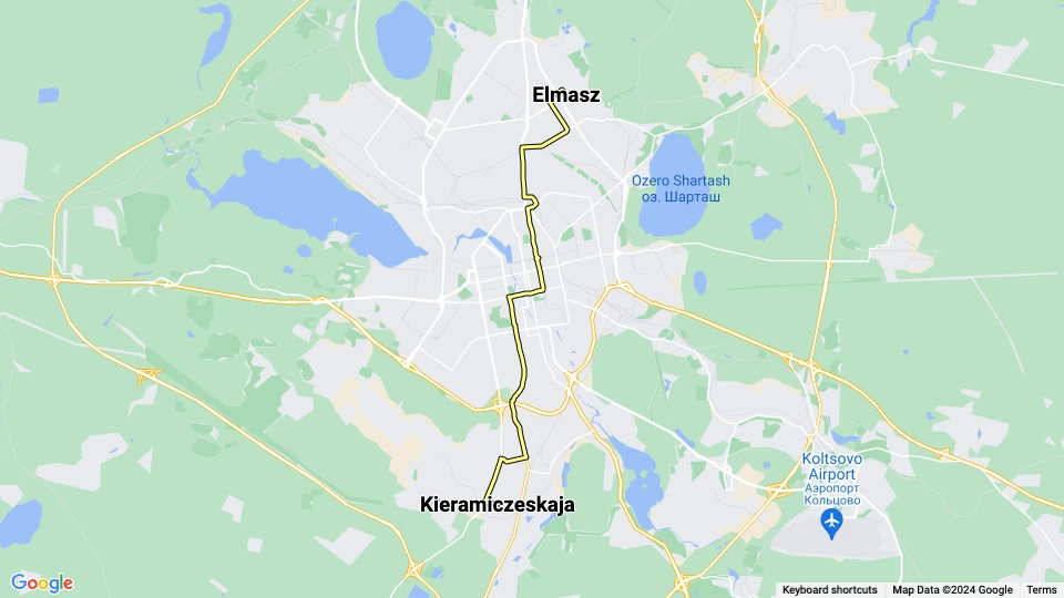 Jekaterinburg Straßenbahnlinie 14: Elmasz - Kieramiczeskaja Linienkarte