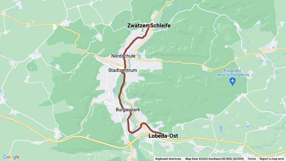 Jena Straßenbahnlinie 1: Lobeda-Ost - Zwätzen Schleife Linienkarte