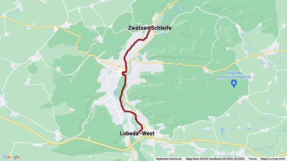 Jena Straßenbahnlinie 4: Zwätzen Schleife - Lobeda−West Linienkarte