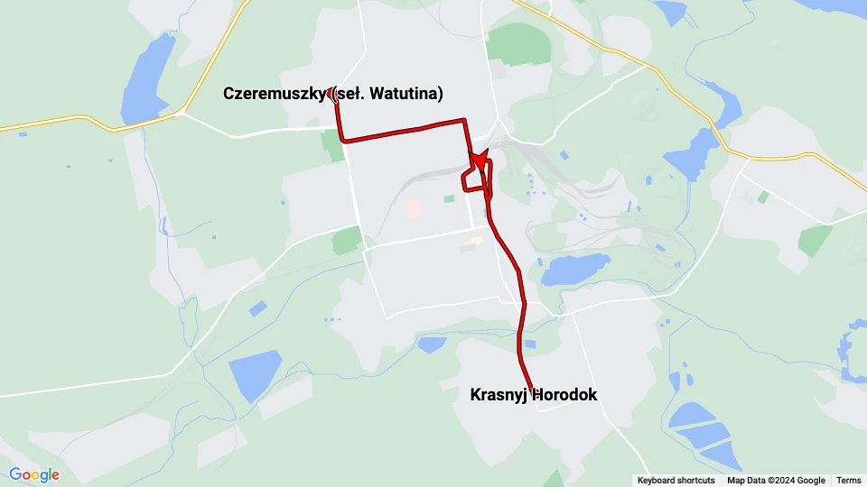 Jenakijewe Straßenbahnlinie 1: Krasnyj Horodok - Czeremuszky (seł. Watutina) Linienkarte