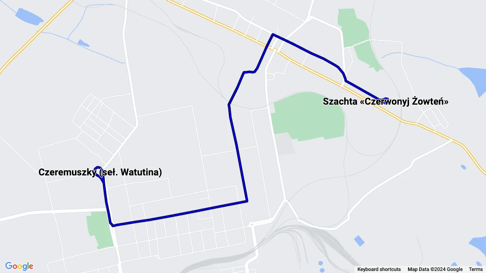 Jenakijewe Straßenbahnlinie 3: Czeremuszky (seł. Watutina) - Szachta «Czerwonyj Żowteń» Linienkarte