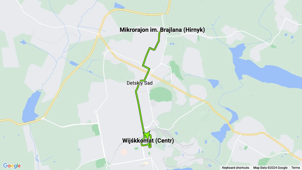 Jenakijewe Straßenbahnlinie 4: Wijśkkomat (Centr) - Mikrorajon im. Brajlana (Hirnyk) Linienkarte