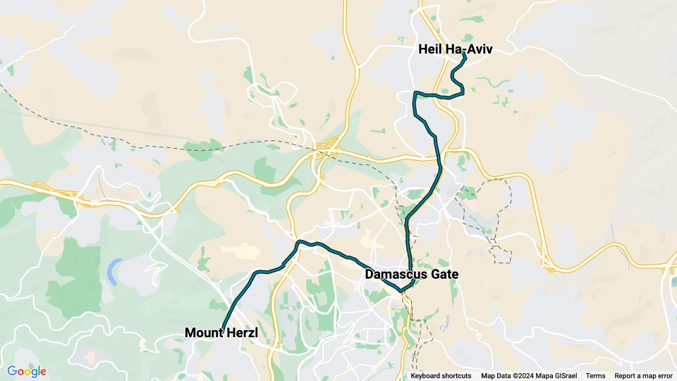 Jerusalem Stadtbahn Linie L1: Heil Ha-Aviv - Mount Herzl Linienkarte