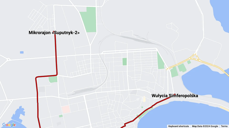 Jewpatorija Straßenbahnlinie 1: Mikrorajon «Suputnyk-2» - Wułycia Simferopolśka Linienkarte