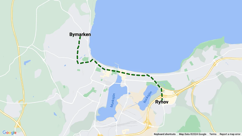 Jönköping Straßenbahnlinie Grün: Ryhov - Bymarken Linienkarte