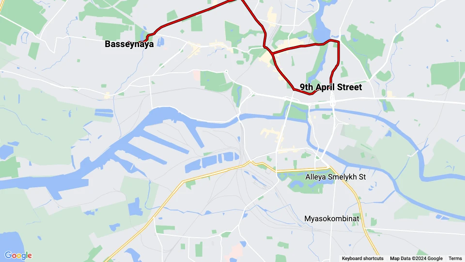 Kaliningrad Straßenbahnlinie 5: Basseynaya - 9th April Street Linienkarte