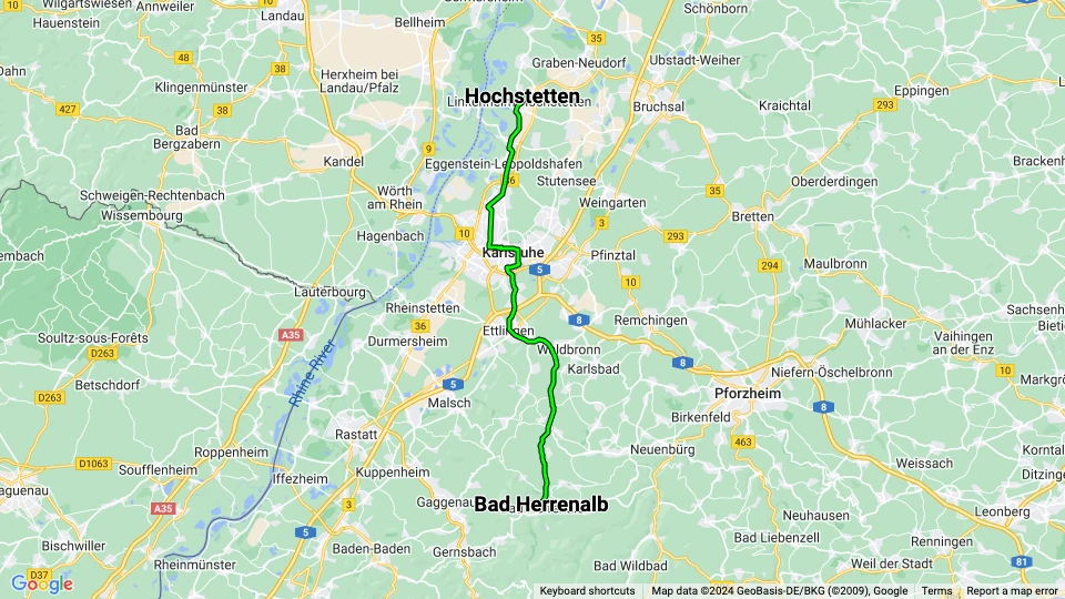 Karlsruhe Regionallinie S1: Hochstetten - Bad Herrenalb Linienkarte