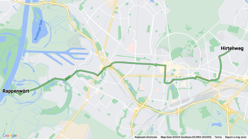 Karlsruhe Straßenbahnlinie 6: Rappenwört - Hirtenweg Linienkarte