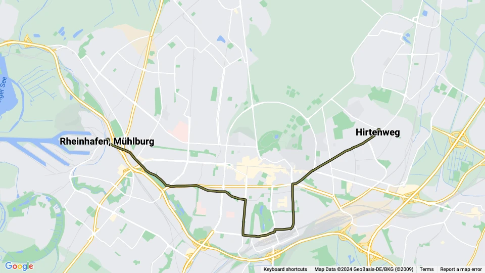 Karlsruhe Zusätzliche Linie 19: Rheinhafen, Mühlburg - Hirtenweg Linienkarte