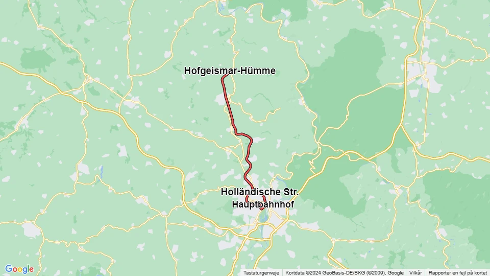 Kassel Regionallinie RT1: Holländische Str. - Hofgeismar-Hümme Linienkarte