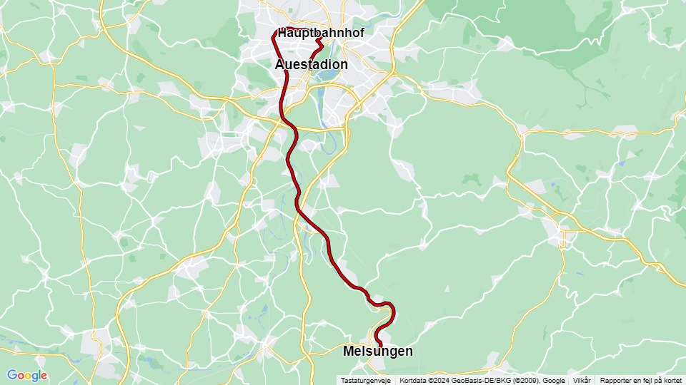 Kassel Regionallinie RT5: Melsungen - Auestadion Linienkarte