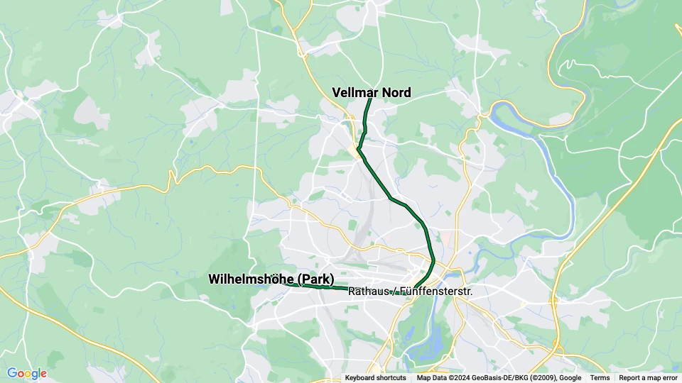 Kassel Straßenbahnlinie 1: Wilhelmshöhe (Park) - Vellmar Nord Linienkarte
