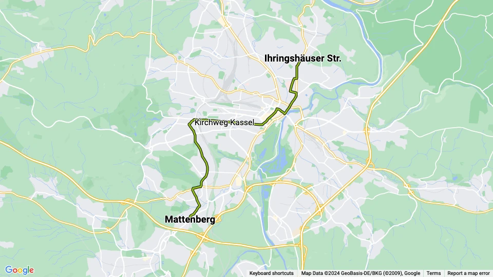 Kassel Straßenbahnlinie 3: Mattenberg - Ihringshäuser Str. Linienkarte